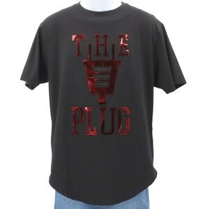 Makobi Mens Black The Plug Graphic T Shirt Size Medium Red Foil Letters Side Zip